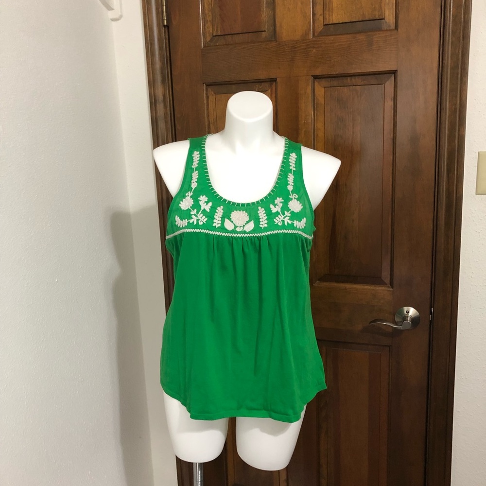 Bright green tank top with embroidered flowers